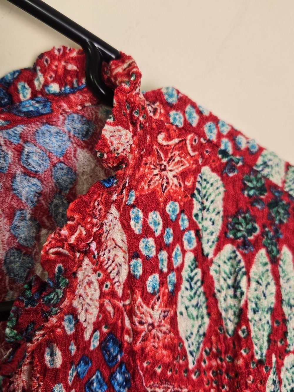 LOFT Gauzy Ruffle Neck Long Sleeve Top Size XL flowy Red Indie Bright Print - Picture 4 of 7